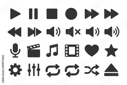 Various multimedia icon set including play pause stop functions.