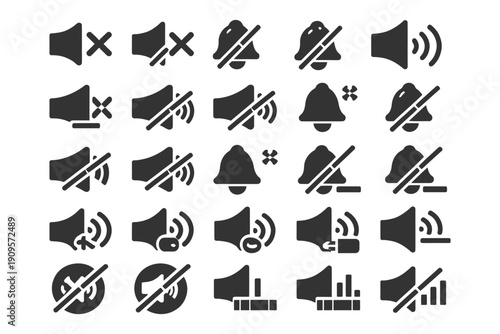 Various speaker and volume icons with sound and mute indicators in black and white.