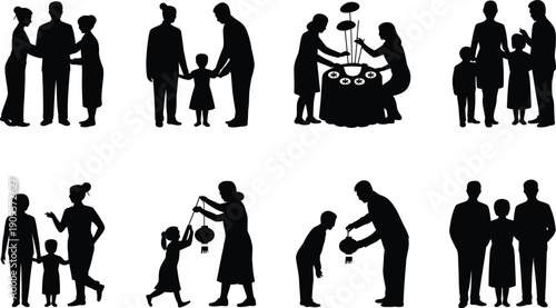Happy Family Silhouette Set with Parents and Children in Daily Life Activities