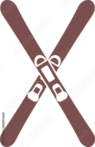 Brown crossed skis vector illustration with bindings in X-shape, perfect for winter sports branding, signage, and equipment design use.