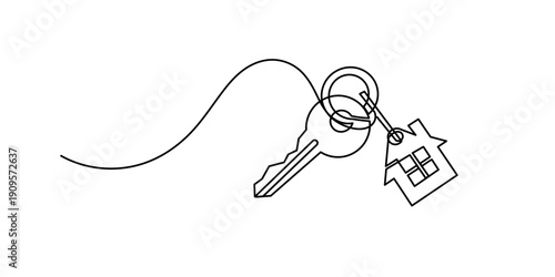 Continuous one line art drawing symbol of house keys, Simple key house outline drawing illustration. one continuous line drawing of Key house, A keychain house, Minimalistic icon, Real Estate Line. Ke
