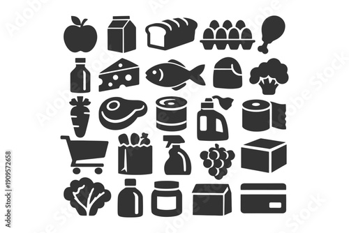 Silhouette icons of groceries: food, beverages, cleaning products, and shopping elements.