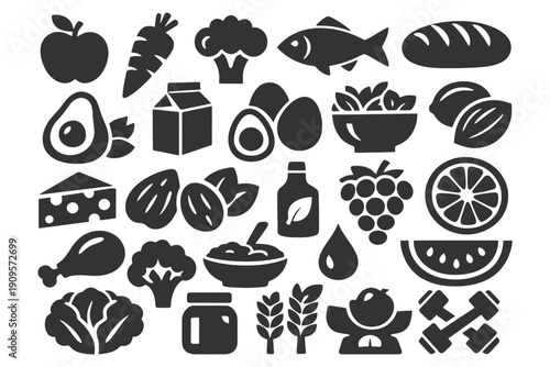 Silhouette icons of diverse foods including fruits, vegetables, and dairy products.
