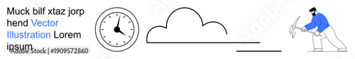 Time management, productivity, manual labor, work-life balance, task execution, effort. Analog clock, cloud and worker digging with a shovel. Time management and productivity
