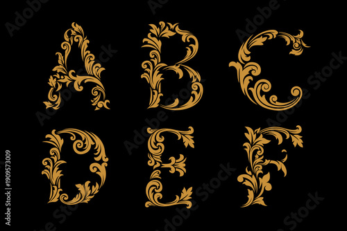 Luxury Gold Ornamental Alphabet Letters A–F with Elegant Vintage Floral Design on Black Background