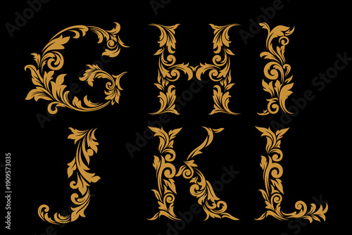 Luxury Gold Ornamental Alphabet Letters G–L with Elegant Vintage Floral Design on Black Background