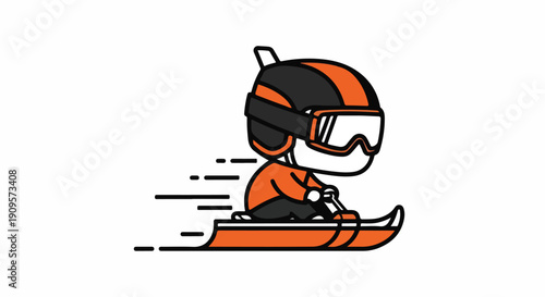 Dynamic vector illustration of a cartoon character sledding downhill at high speed, wearing a helmet and goggles, depicting winter sports fun and adventure.