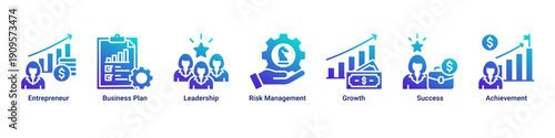 Entrepreneur Path banner icon set representing entrepreneurial mindset, leadership growth, strategic planning, and achievement milestones