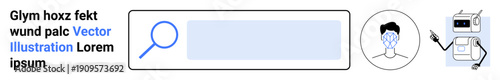 Web search, facial recognition, AI-driven tools, technology interaction, online services, user interface design. Magnifying glass, head with face outline and robot illustration. Web search