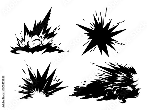 Hand-drawn vector illustration. Game explosion effect. Set of dynamic silhouettes . Perfect for comic book covers, video game UI, and poster art.  Massive explosions, fiery bursts, and smoke clouds. 
