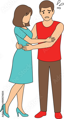 Worried man holding arm while supportive woman comforts him flat vector illustration isolated on white background