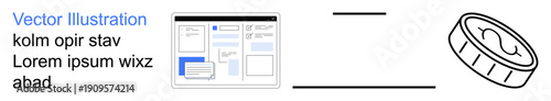 Online business, user interface, web design, financial management, economy, technology. Digital layout next to a coin icon. Online business and user interface concept