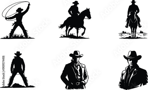Cowboy Silhouette Set with Horse Riding and Lasso Poses