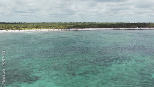 A beautiful landscape aerial video of a beach, palm trees, and the ocean in Cancun, Mexico.