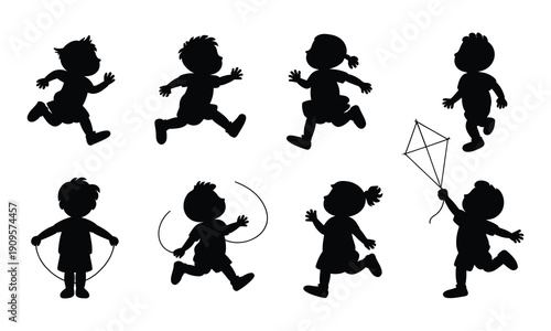 Happy Kids Playing and Running Silhouettes Set with Kite and Jump Rope