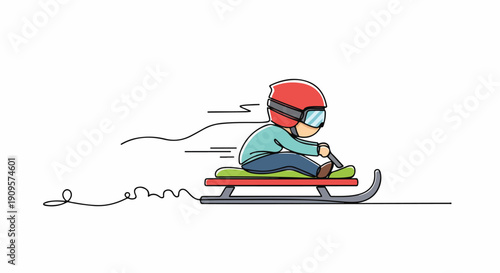 Cute cartoon child wearing helmet and goggles riding a sled down a snowy hill, fast motion effect