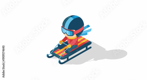 Cartoon sledder in colorful winter gear speeding down a snowy hill with a long shadow, isometric illustration