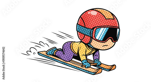 Cartoon skier in a red helmet and goggles, lying on skis, going downhill fast, with motion lines