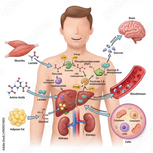 Comprehensive Overview of Human Energy Metabolism Illustrating Glucose, Amino Acid, and Fat Conversion Pathways Across Organs