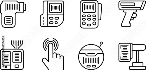 Barcode scanner and POS terminal outline icon set retail payment technology symbols vector collection isolated modern shop equipment