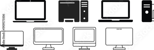 Computer monitor, laptop, and desktop PC collection isolated on white background, modern technology display vector icon illustration set
