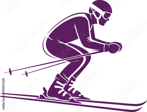 Purple skier silhouette vector illustration in crouched downhill stance with helmet, goggles, poles, and skis, perfect for winter sports branding.