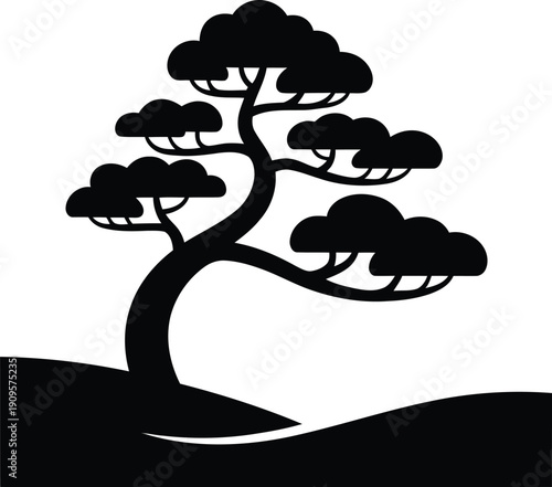 Elegant Bonsai Tree Silhouette on Hill for Zen and Meditation Design