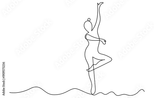 Single one line drawing a woman dressed in a long dress with a gesture of raising her hand. Isolated on white background. Vector illustration. 