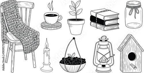Hand drawn cozy home elements including chair blanket cup plant books jar candle berries lantern and birdhouse illustration set