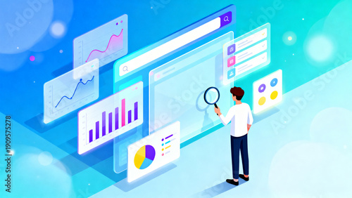 男性が分析画面を虫眼鏡で確認する青いUIイラスト