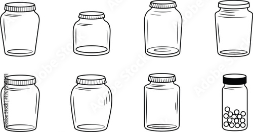 Hand drawn glass jar collection including storage containers kitchen canning jars and empty bottle outline illustration set