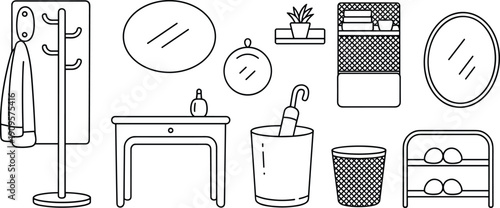 Hand drawn hallway interior furniture set with coat rack mirrors console table umbrella stand and shoe shelf illustration collection