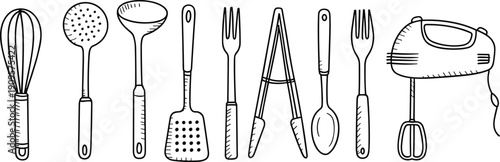 Hand drawn kitchen utensils and electric mixer collection including whisk spatula fork tongs spoon and cooking tools illustration set