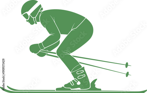 Green skier silhouette vector illustration in crouched downhill stance with helmet, goggles, poles, and boots, perfect for winter sports branding.