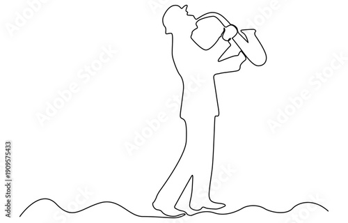 Continuous line Woman blowing jazz saxophone trumpet saxophone music instrument. One line classic royal jazz orchestra vector illustration