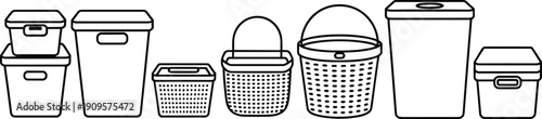 Hand drawn plastic storage containers and baskets collection outline illustration set for home organization, cleaning, sorting, and household storage design use