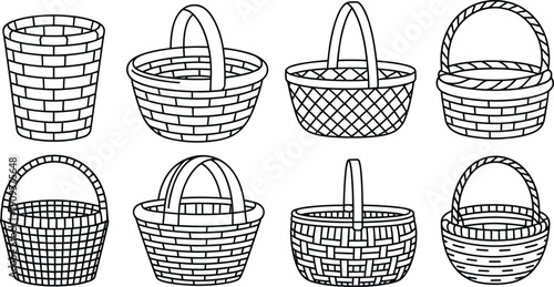 Hand drawn wicker basket collection including woven storage containers rustic market baskets and decorative household illustration set