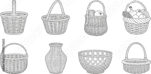 Hand drawn wicker basket collection including woven containers fruit baskets storage bowls and decorative rustic illustration set