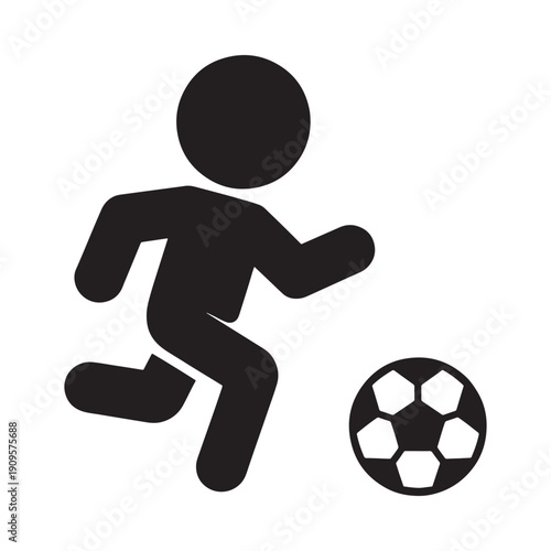 Simple black silhouette of a person running and kicking a soccer ball