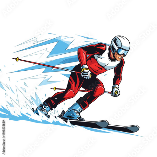 Alpine Skier Speed. Downhill Skiing Athlete. Dynamic Action. Winter Sport. Illustration.