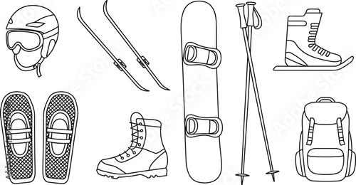 Hand drawn winter sports equipment collection including skis snowboard helmet boots poles backpack and snowshoes illustration set