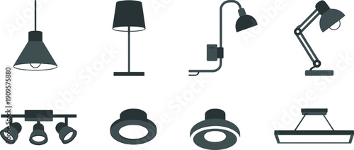 Modern lamp and lighting fixture collection isolated on white background, ceiling, desk, pendant, and spotlight vector icon illustration set