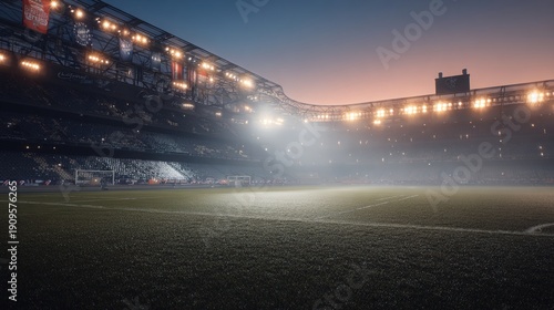 spectators. Empty soccer stadium illuminated by dramatic floodlights creating atmospheric dusk ambiance. event key visuals, club posters, designed for fitness apps and gym onboarding.