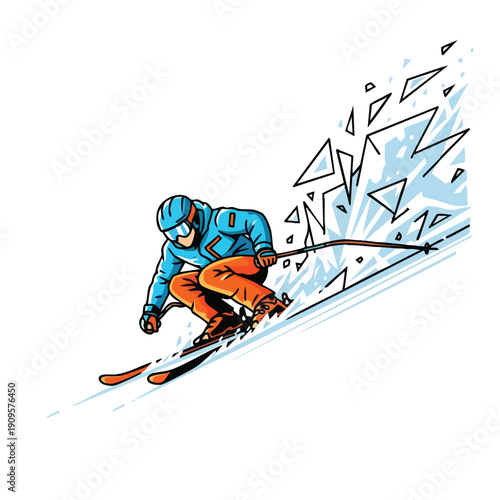 Skier Illustration. Dynamic Downhill Skiing Action. Winter Sport. Snow Splash. Extreme Recreation.
