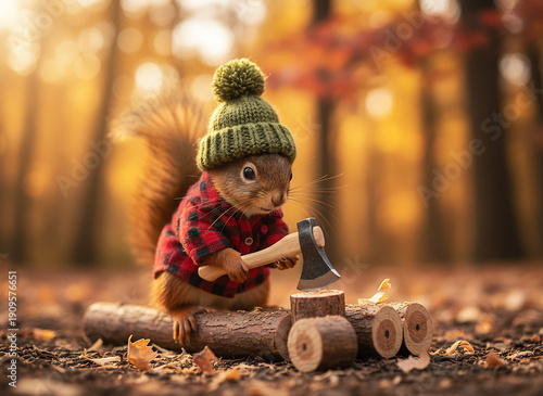 Squirrel wearing hat and plaid shirt chopping wood in autumn forest