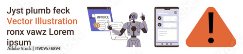 Automation, artificial intelligence, finance, notifications, digital transformation, technology efficiency. Robot managing invoices and notifications with devices. Automation and artificial