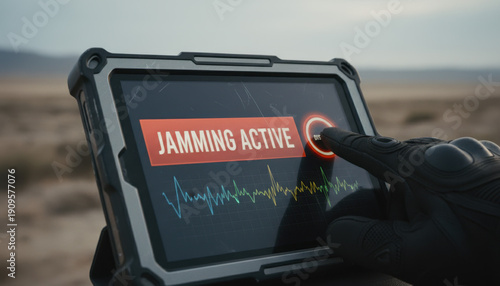 Hand in tactical glove activating jamming device on rugged tablet in desert