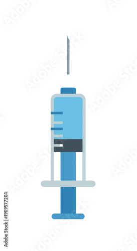 A simple, flat vector illustration of a medical syringe with a needle and blue liquid inside, representing healthcare and medical procedures.