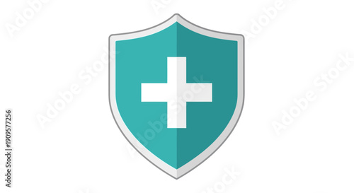 Teal shield with a white medical cross symbol, representing health protection and safety.