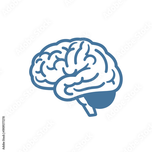 Stylized blue outline icon of a human brain with a solid blue cerebellum on a white background, representing thought and intelligence.